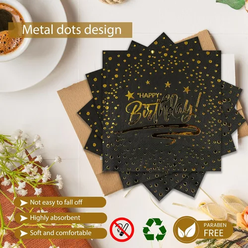 Vista 4 de 72 PIEZAS Platos y Servilletas de Feliz Cumpleaños Suministros para Fiestas, Platos y Servilletas de Papel con Puntos Negros y Dorados con Tenedores