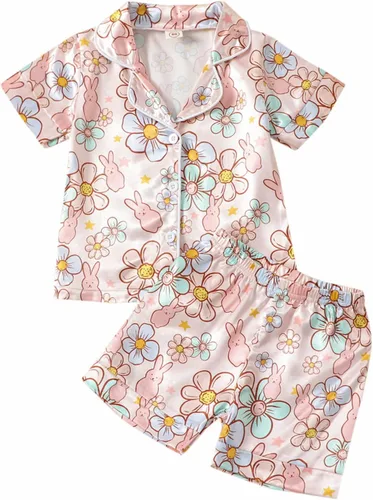 Vista 11 de Conjunto de pijama de satén para bebés y niños pequeños, pijamas de manga larga con botones para niñas 4 de julio