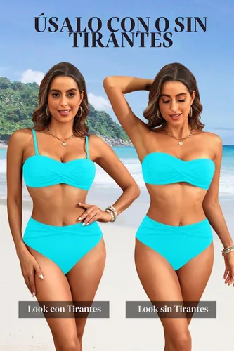 Vista 5 de Tempt Me Conjunto de bikini bandeau para mujer, traje de baño de dos piezas sin tirantes de corte alto de cintura alta Agua