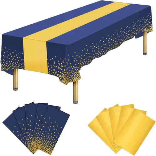 Vista 16 de Paquete de 10 manteles rectangulares de plástico y camino de mesa de satén, mantel desechable negro rectangular y dorado para cumpleaños