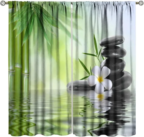 Vista 24 de Cortinas con estampado de bambú verde natural, plantas asiáticas, japonesas, tallos rústicos, hojas, cortina de selva con bolsillo para cortinero