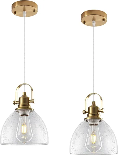 Vista 14 de Luces Colgantes de Vidrio para Isla de Cocina, 7.5 pulgadas Luces Colgantes de Vidrio Dorado 1-Paquete, Lámpara Colgante Moderna con Pantalla