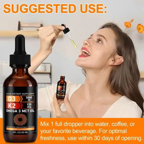 Vista 6 de Daiasns Vitamina D3 5000 UI y K2 (MK-7) 120 mcg 2.0 fl oz gotas con aceite MCT Omega 3, suplementos líquidos de vitamina D3 y K2 - Suministro de 2