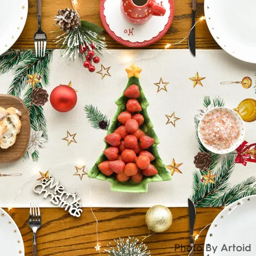 Vista 4 de Artoid Mode Bolas de Navidad con diseño de bolas de Navidad, Pino y Poinsettia, Camino de mesa de Navidad, decoración de mesa de comedor