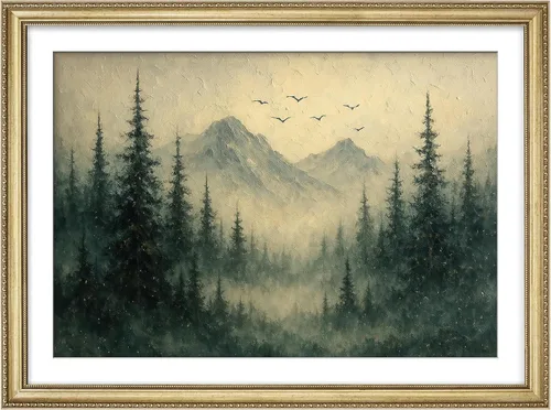 Vista 14 de MUDECOR Lienzo enmarcado prémium para pared, pinos nevados en bosque de invierno, ilustraciones modernas, arte contemporáneo, escénico, divertido