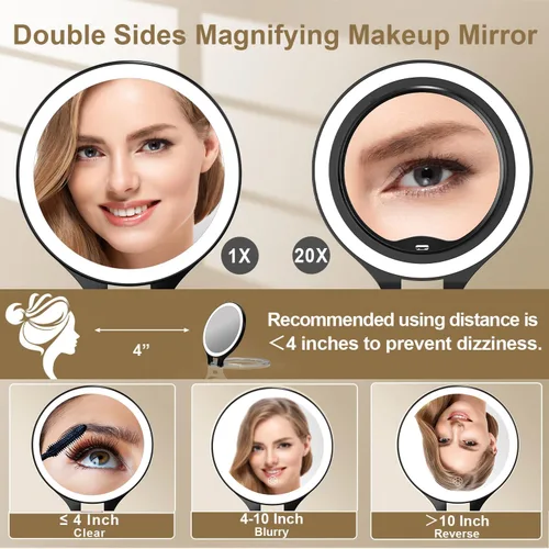 Vista 2 de Mocado Espejo de aumento 1X/20X con luz, espejo de maquillaje de viaje con luz Negro
