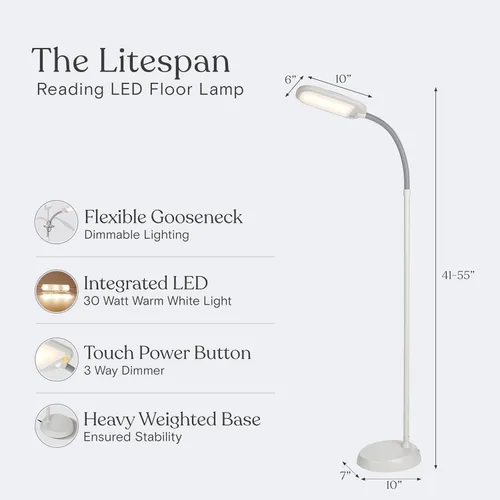 Vista 9 de Brightech Litespan - Lámpara de pie de lectura LED de segunda edición con LED blanco fresco, suave y cálido, atenuador integrado, diseño ajustable
