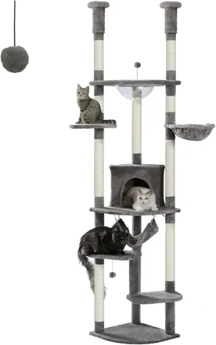 Vista 12 de PEQULTI Árbol para gatos de piso a techo, torre alta para gatos, altura ajustable (83-108 pulgadas), 5 niveles de árbol trepador para gatos
