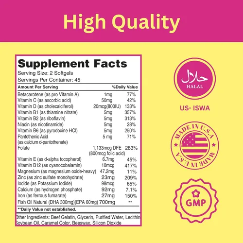 Vista 5 de Greenfield Nutritions - Vitaminas prenatales halal con DHA y ácido fólico, multivitamínico prenatal esencial para el embarazo con hierro, contiene
