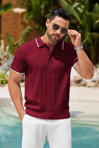 Vista 124 de COOFANDY Camisas polo de punto para hombre de manga corta con textura acanalada Camisas de golf casuales y ligeras con cuello Camiseta de polo