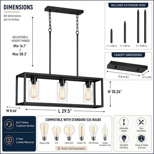 Vista 3 de Lámpara de comedor negra de 3 luces, candelabros modernos de granja, iluminación rectangular lineal para isla de cocina, iluminación colgante