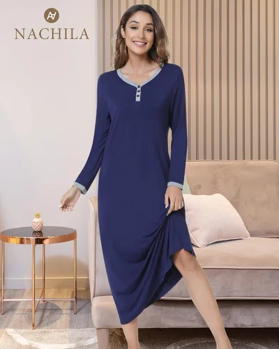Vista 6 de NACHILA Camisón de bambú para mujer, manga larga, ropa de dormir de longitud completa, vestido de dormir Henley S-4XL