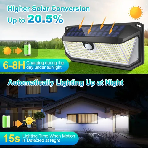 Vista 2 de Brightever - Luces solares para exteriores, 4000LM, 388 LEDs, sensor de movimiento, luces exteriores alimentadas por energía solar, IP65