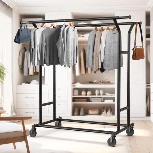 Vista 4 de Simple Houseware - Perchero de ropa de doble riel resistente, color negro, con capacidad de hasta 200 lbs, varilla extensible de 43 a 67 pulgadas