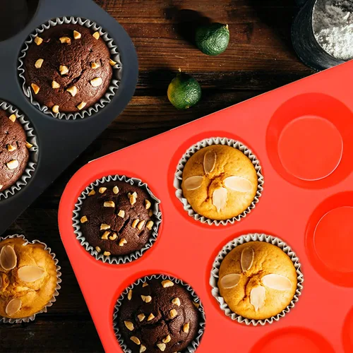Vista 4 de Juego de moldes de silicona para muffins, 2 piezas de 2.8 pulgadas, 12 tazas, molde para mordedura de huevo, antiadherente, fácil liberación