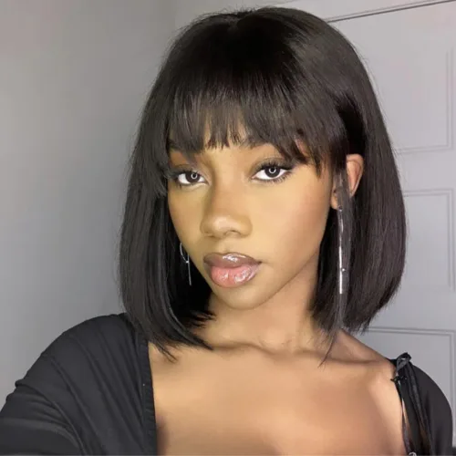 Vista 56 de KLAIYI Peluca de cabello humano con encaje frontal precortada 7x5, corte Bob en capas, corte romo, cordón sin pegamento, peluca predepilada