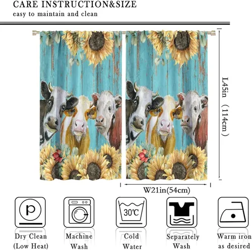 Vista 3 de Cortinas de vaca de animales de granja, ventana con estampado de girasol y vida silvestre del oeste para dormitorio, bolsillo para barra de madera