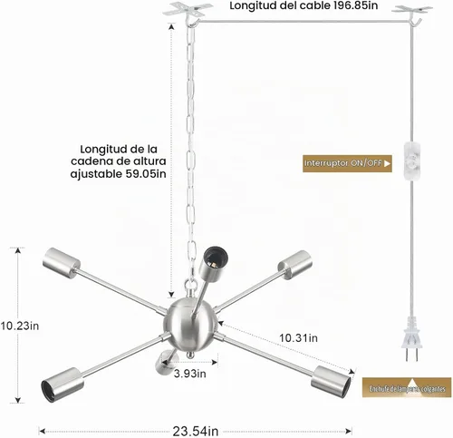 Vista 2 de Lámpara colgante enchufable, 6 luces colgantes con cable de enchufe de 16.4 pies e interruptor de encendido/apagado de níquel cepillado, lámpara