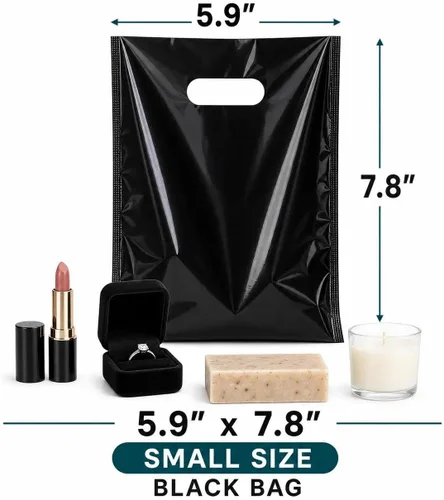 Vista 2 de ysmile Pequeña bolsa de compras de plástico negro para pequeñas empresas Bolsa de mercancía de plástico con asa Poli troquelado para venta al por