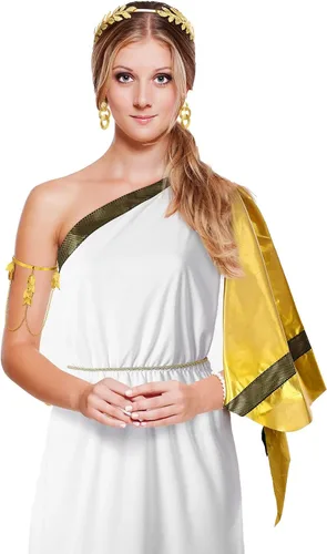 Vista 6 de 6 piezas de disfraz griego de Halloween, accesorio de Toga para mujer, corona de oro griego, diadema, pulsera, aretes