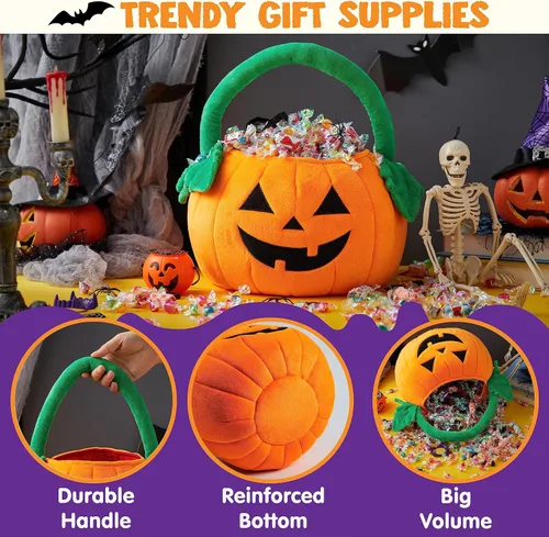 Vista 4 de JOYIN Cubo de felpa de calabaza de Halloween, bolsa de dulces de 11 x 13.4 pulgadas, bonita cesta de Halloween con asa para niños, niñas, niños