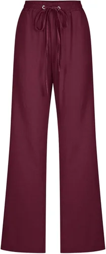 Vista 4 de YWEFSJ Pantalones de lino para mujer, pierna recta, elásticos, casuales, holgados, con cordón, cómodos, con bolsillos, 2023