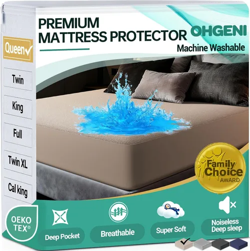 Vista 19 de OhGeni - Protector de colchón impermeable, tamaño Queen, con bolsillo profundo de 6 a 18 pulgadas, transpirable, sin ruido, suave, lavable, a prueba