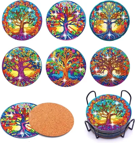 Vista 12 de Puraikcmi Juego de 8 posavasos de pintura de diamante, posavasos de arte de diamantes con soporte, manualidades de bricolaje, kits de arte