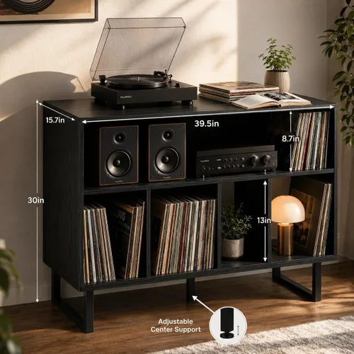 Vista 2 de Soporte grande para tocadiscos con almacenamiento de vinilo, gabinete moderno de mediados de siglo para más de 500 álbumes, mesa giratoria de nogal