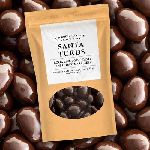Vista 5 de Almendras de chocolate oscuro de Santa Turds, regalos gourmet de Kepperton para hombres, divertidos dulces navideños para adolescentes, rellenos