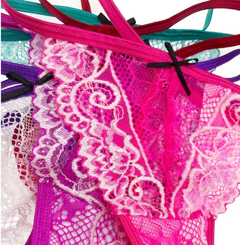 Vista 4 de Paquete de 6 tangas de encaje para mujer, ropa interior sexy con patrón de encaje y colores surtidos
