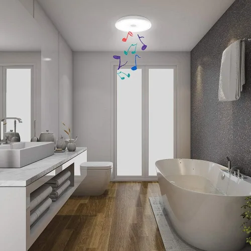 Vista 8 de Lámpara de techo impermeable mejorada con música LED con altavoz Bluetooth, certificado FCC UL1598, luz cambiante de color de 18 W con control