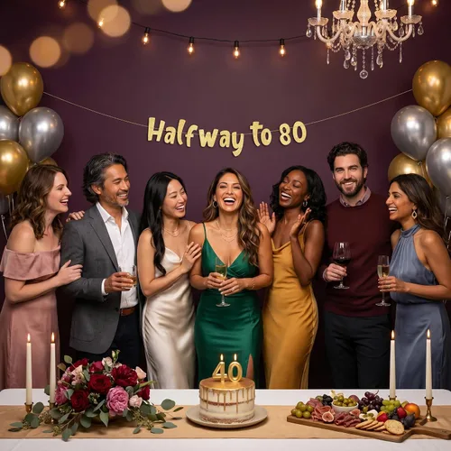 Vista 9 de Cartel con purpurina dorada preencordada de medio camino a 80, decoraciones de 40 cumpleaños y aniversario para hombres y mujeres, suministros
