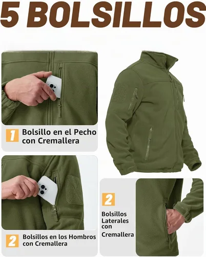 Vista 5 de TACVASEN - Chaqueta de forro polar para hombre, cremallera completa Verde militar
