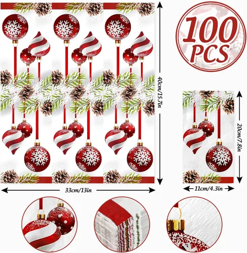 Vista 2 de AnyDesign Paquete de 100 servilletas de Navidad para invitados, bola colgante de Navidad, patrón de cono de pino, servilletas de papel desechables