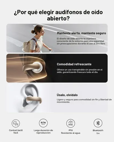 Vista 9 de Soundcore AeroClip de Anker, Auriculares de oído abierto, Auriculares de clip, Comodidad adaptativa, Llamadas claras con 4 micrófonos y AI, Ajuste