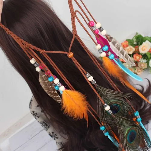 Vista 8 de Outyua Thurquoise Bohomian - Tocado de plumas largas de plumas gitanas nativas de pavo real diadema ajustable de plumas