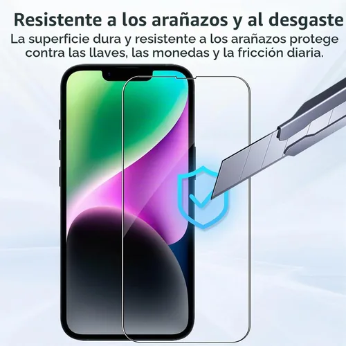 Vista 5 de Protector de pantalla para iPhone 14, paquete de 2 pantallas frontales y 2 protectores de vidrio traseros, 2 protectores de lente de cámara