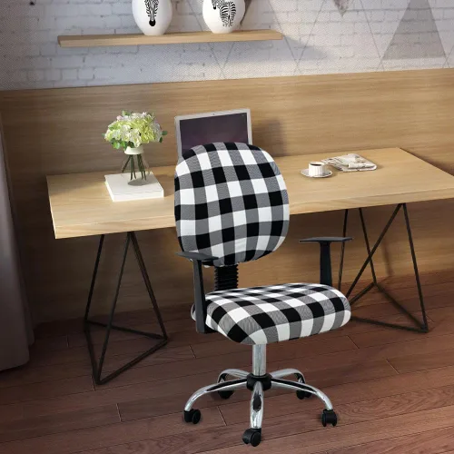 Vista 5 de Fundas para silla de oficina a cuadros blancos y negros, fundas elásticas para silla de oficina, protector de elastano lavable, funda de tela