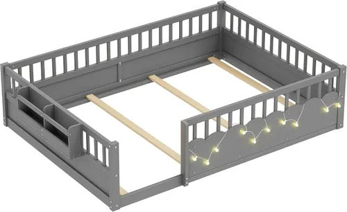 Vista 8 de Cama Montessori de tamaño matrimonial con estantería, luces, listones y Luces grises
