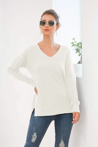 Vista 3 de Jouica - Suéter suelto con cuello en V y mangas murciélago para mujer, estilo casual y ligero
