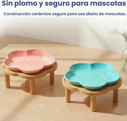 Vista 8 de PawsPik Plato de cerámica para gatos con soporte de bambú elevado, color Rosa