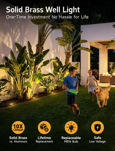 Vista 2 de Gardenreet - Luces de pozo LED de latón - Iluminación en tierra de bajo voltaje para todo clima, luz cableada reemplazable de 12V, bronce antiguo