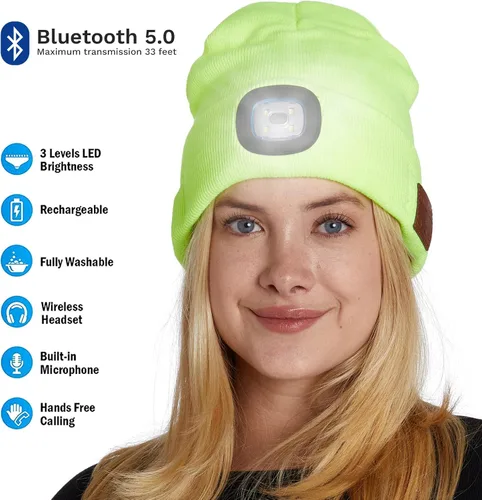 Vista 3 de BLACK DECK Gorro unisex LED Bluetooth Faro LED y auriculares estéreo inalámbricos compatibles con todos los dispositivos Bluetooth