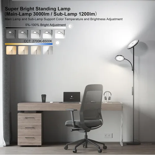 Vista 2 de SUNMORY Lámparas de pie para sala de estar, 48 W/4200 lm, lámpara de pie LED súper brillante con control remoto, lámpara de pie de 69 pulgadas