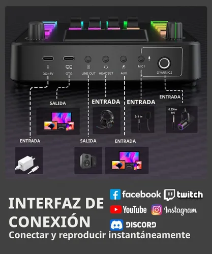 Vista 3 de PUPGSIS - Mezclador de audio para juegos, interfaz de audio para PC, interfaz de micrófono dinámico TRS de 1/4 pulgadas, tablero de sonido