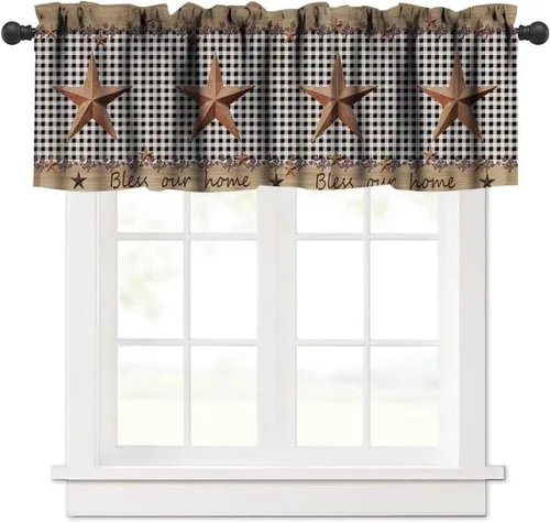 Vista 16 de Cenefa de ventana de gallo de Western Farm, pollo, girasol, retro, con estampado de cuadrícula de búfalo amarillo, bolsillo para barra, tratamientos