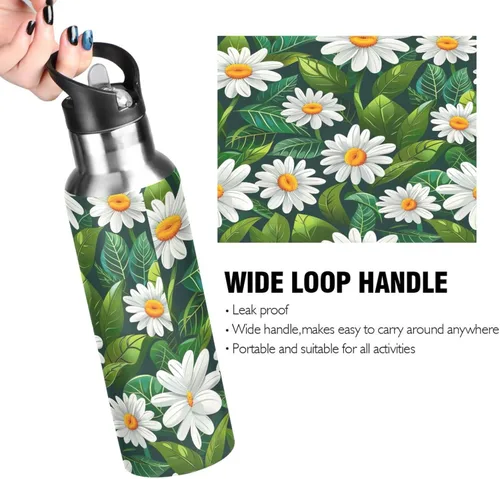 Vista 4 de BPA-Free Sports Water Bottle 32 Oz, Insulated Stainless Steel Water Bottle with Straw for Gym Outdoor Travel School, White Daisy Flowers Green Leaves