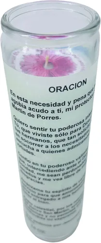 Vista 2 de San Miguel Arcangel 14 oz vaso grande una pieza oración vela de una pieza 14 oz de alto vidrio oración al reverso en español Blanca sin aroma