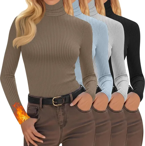 Vista 6 de Oakgarden Paquete de 4 camisetas térmicas de cuello alto para mujer, de manga larga, acanaladas, de algodón, ajustadas, capa base, ropa
